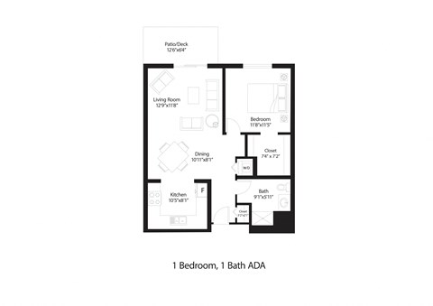 Floor plan for 1 bed, 1 bath, 760 sqft